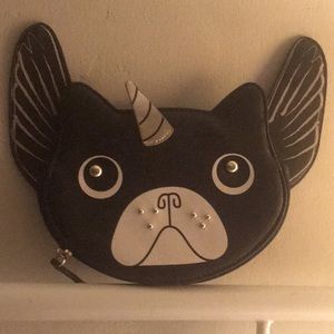 Betsey Johnson Unicorn French Bulldog with Wings Black Coin Purse with FLAWS